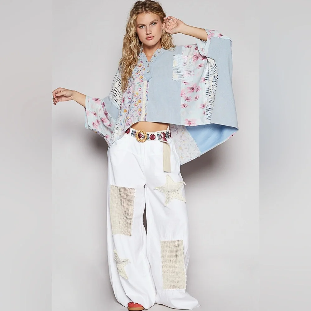 POL Women’s Powder Blue Mixed Media Floral Poncho Hoodie - Picture 5 of 5
